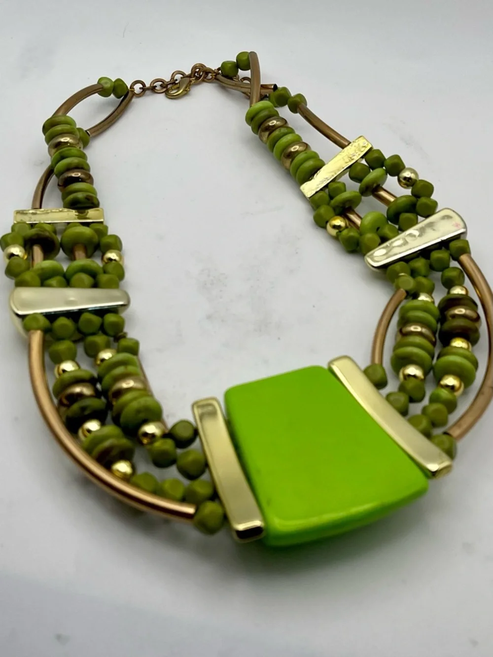Vibrant Lime Green and Polished Gold Tone Multi Strand Statement Bib Necklace - Picture 13 of 15